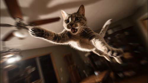 crazy cat who appears to be flying through the air